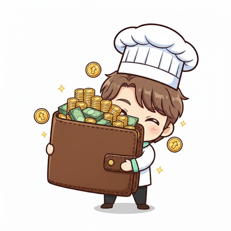 パティシエが解説する「自己資本比率」を解説するためのイラスト。大きな財布を抱えているのが、自己資本比率が高いを表している。