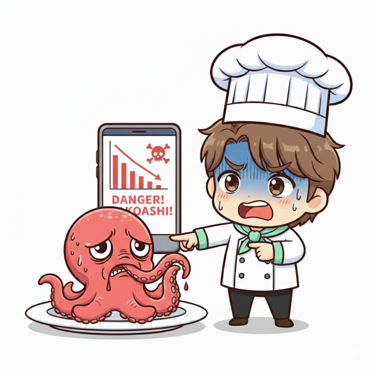 パティシエが分析する「配当性向」を考え、タコ足配当に注意喚起するイラスト。